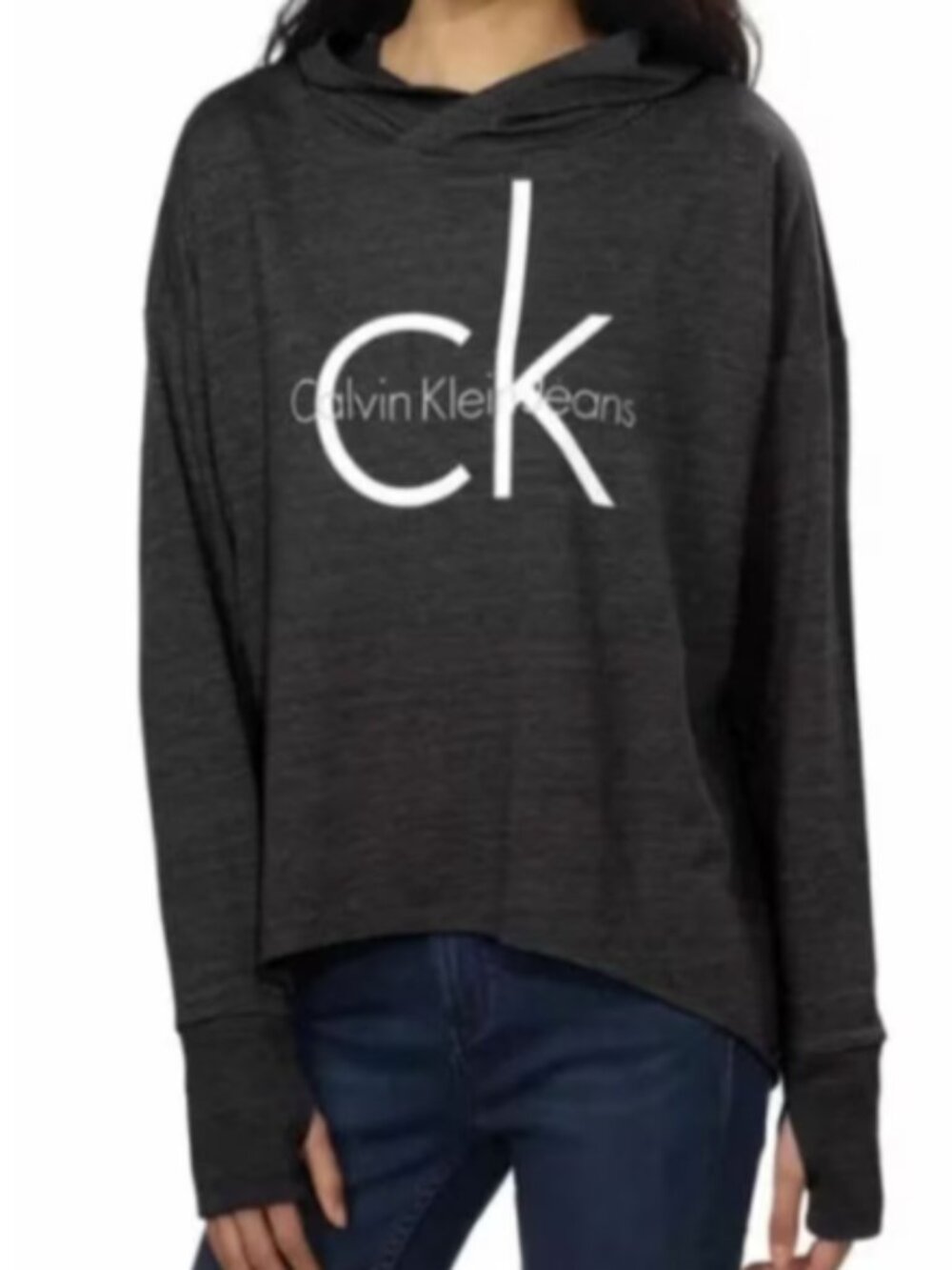Calvin Klein Jeans Women Hoodie Long Sleeve Graphic Tee Medium Blue Thumbholes.